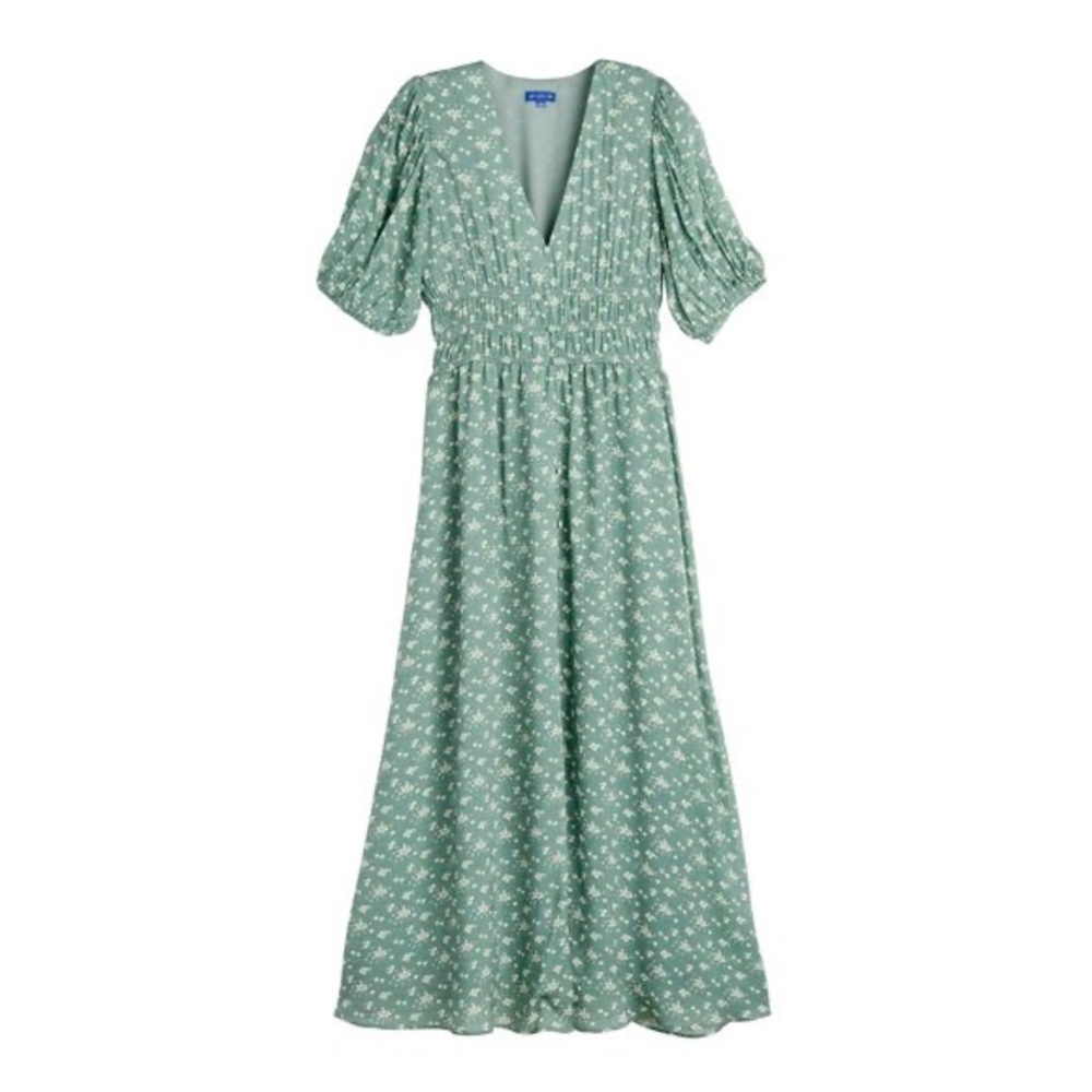 Sage Green Floral Maxi Dress with Puff Sleeves